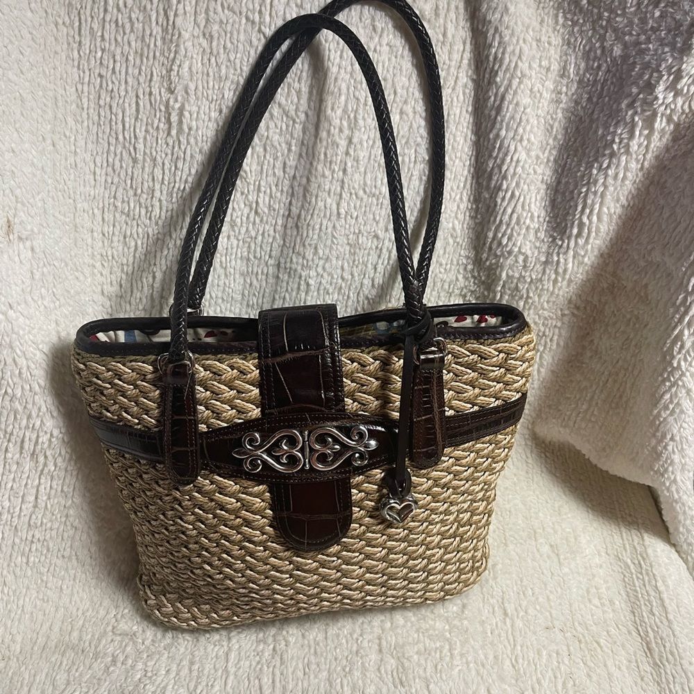 Brighton Woven Tri Color Straw tote bag, brown leather straps & trims . - Picture 5 of 13